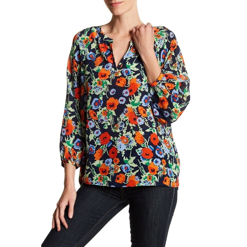 JOIE Navy Floral Print‎ Mckenna Silk Blouse Women's Size Small MSRP $258 - Picture 2 of 8